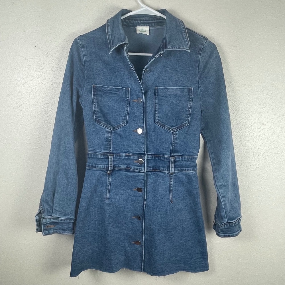 Blue Buttercup Denim Mini Dress Small Medium Wash‎ Button Front Raw Hem
